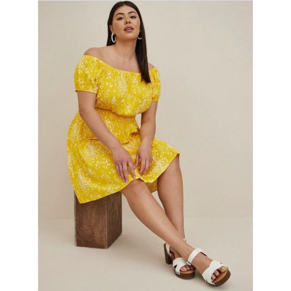 Torrid Yellow Mini Lenny Smocked Off-Shoulder Dress - 6/6X